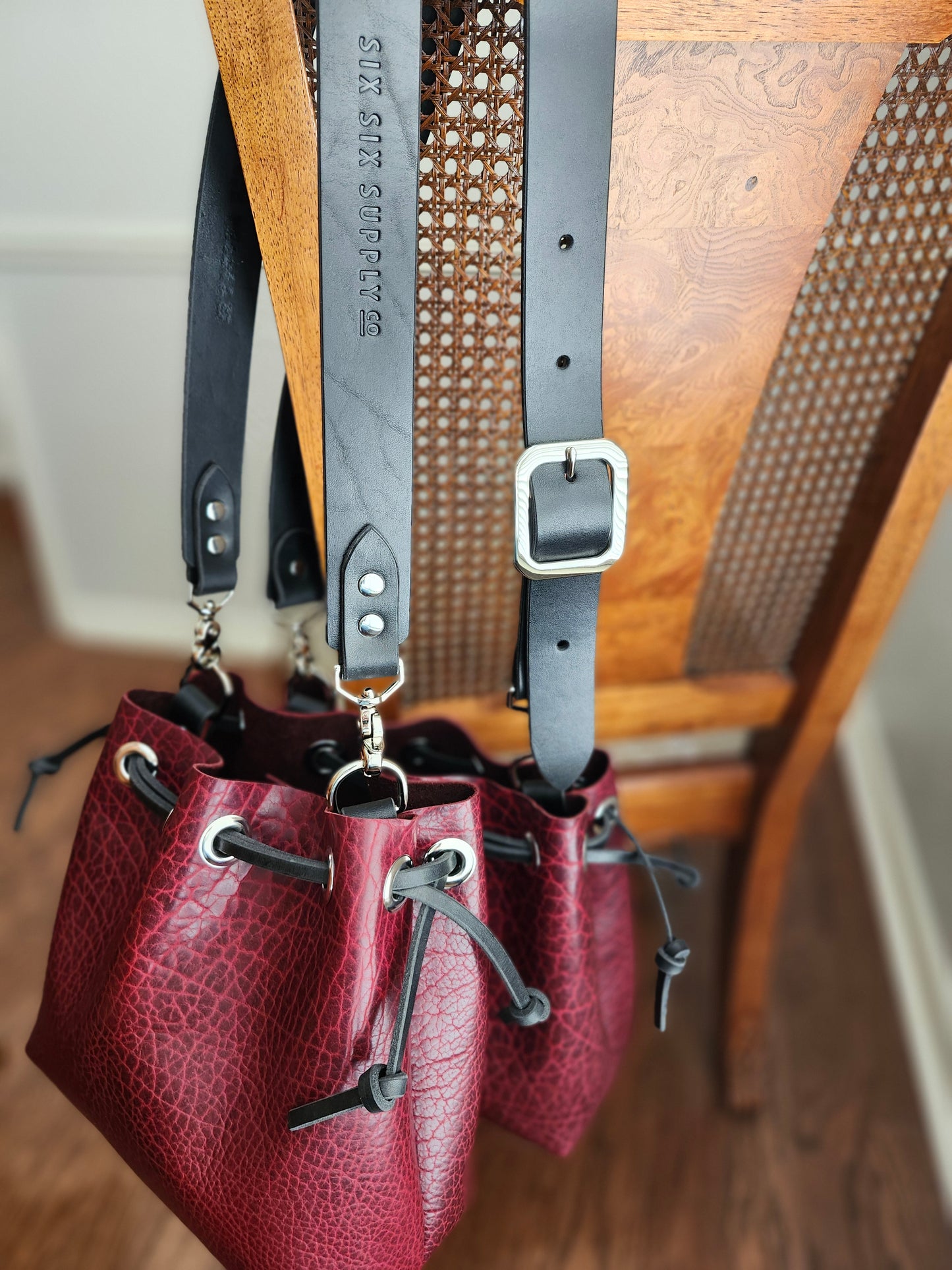 Susan Drawstring Bucket - Bison Black Cherry with Black Strap