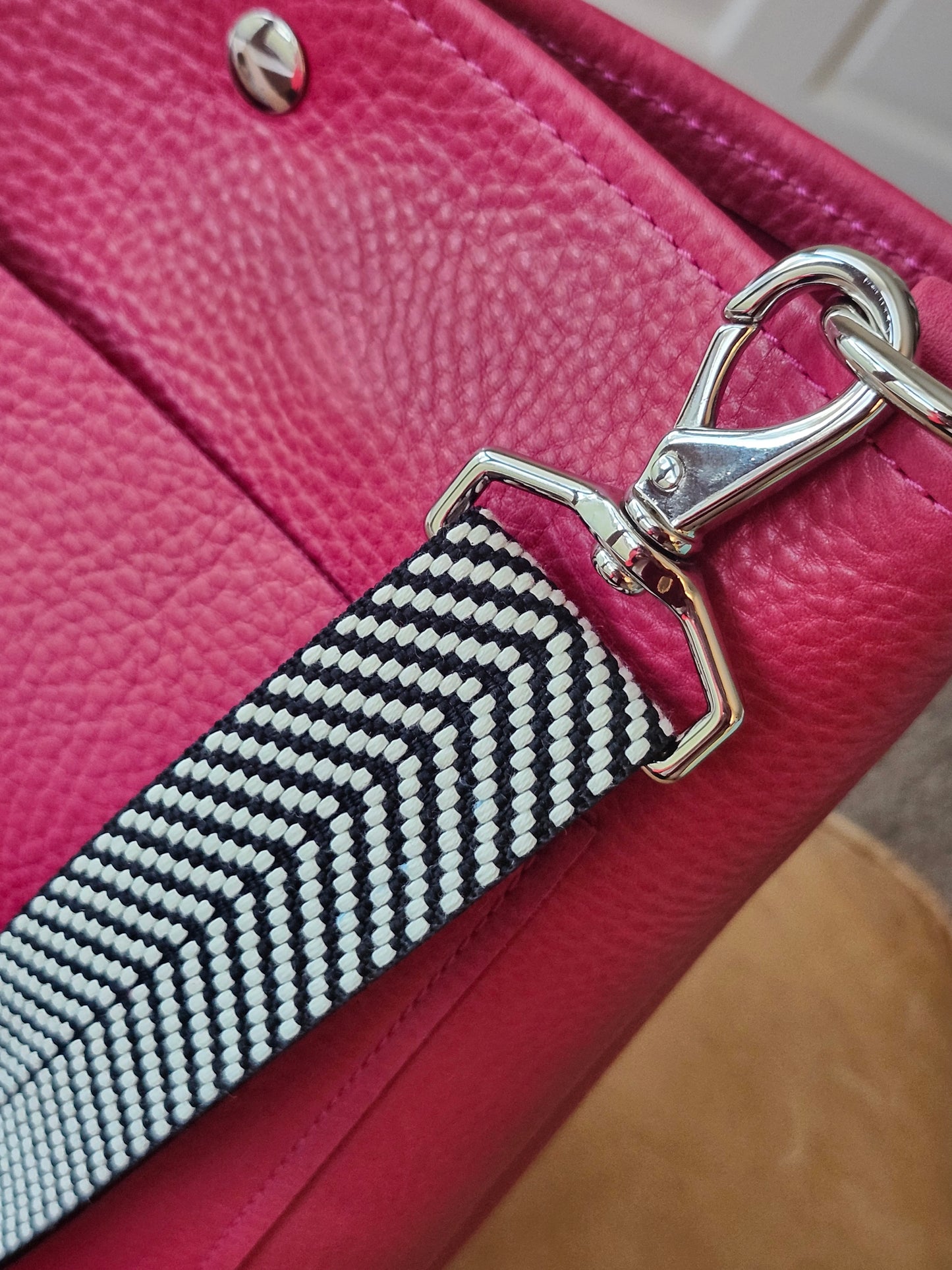 Jackie Lee 10" Crossbody - Fuchsia w/Black & White Jacquard Webbing Strap