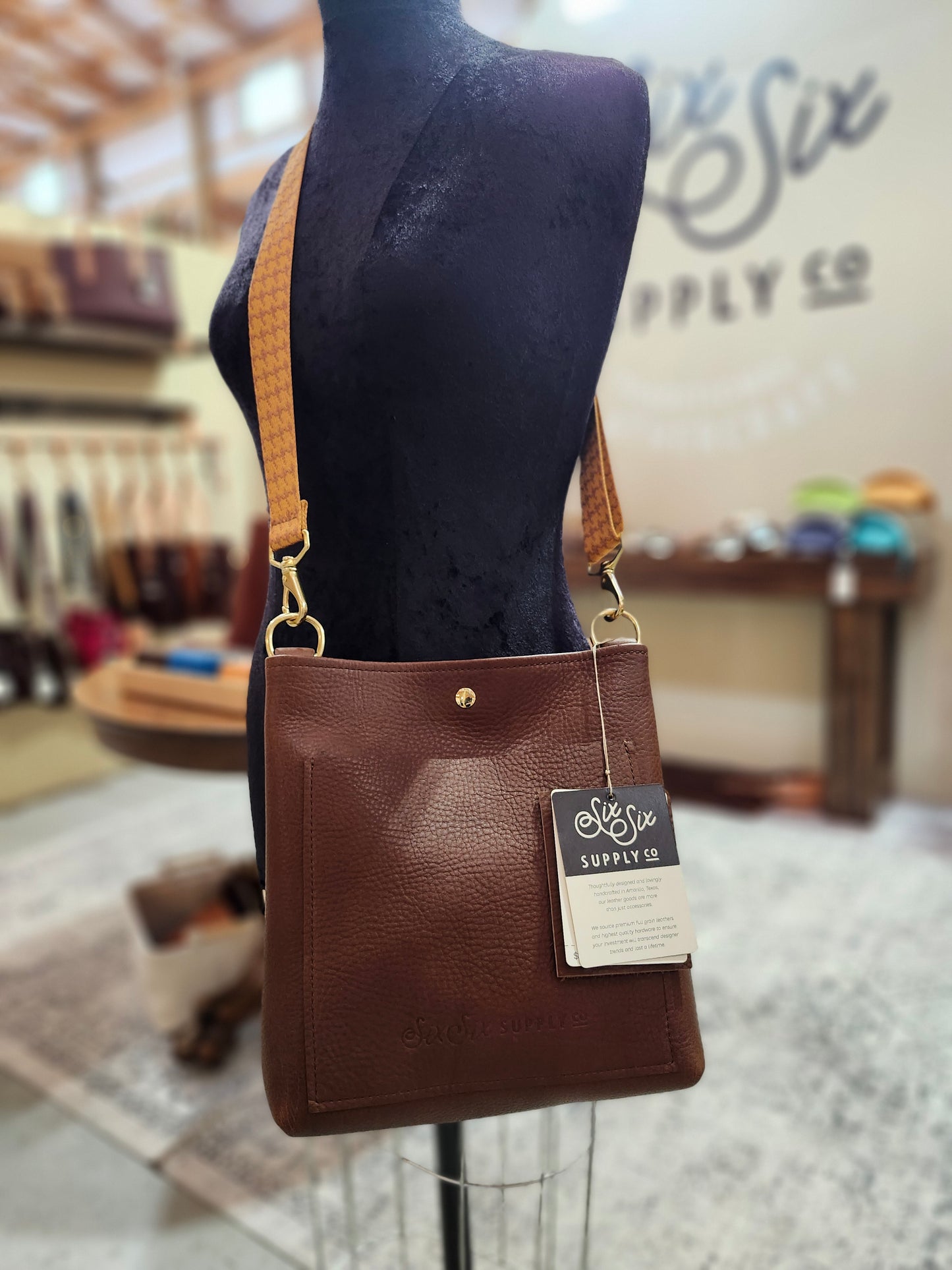 Jackie Lee 10" Crossbody - Walnut w/Brown & Gold Houndstooth Webbing Strap