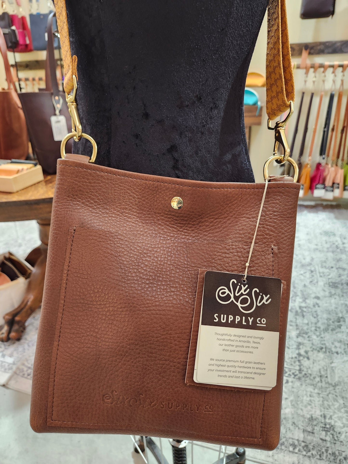 Jackie Lee 10" Crossbody - Walnut w/Brown & Gold Houndstooth Webbing Strap