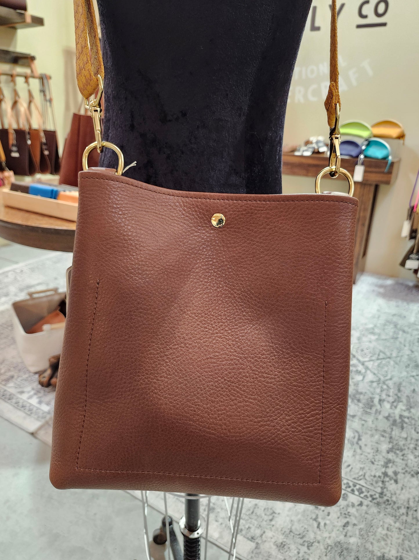 Jackie Lee 10" Crossbody - Walnut w/Brown & Gold Houndstooth Webbing Strap