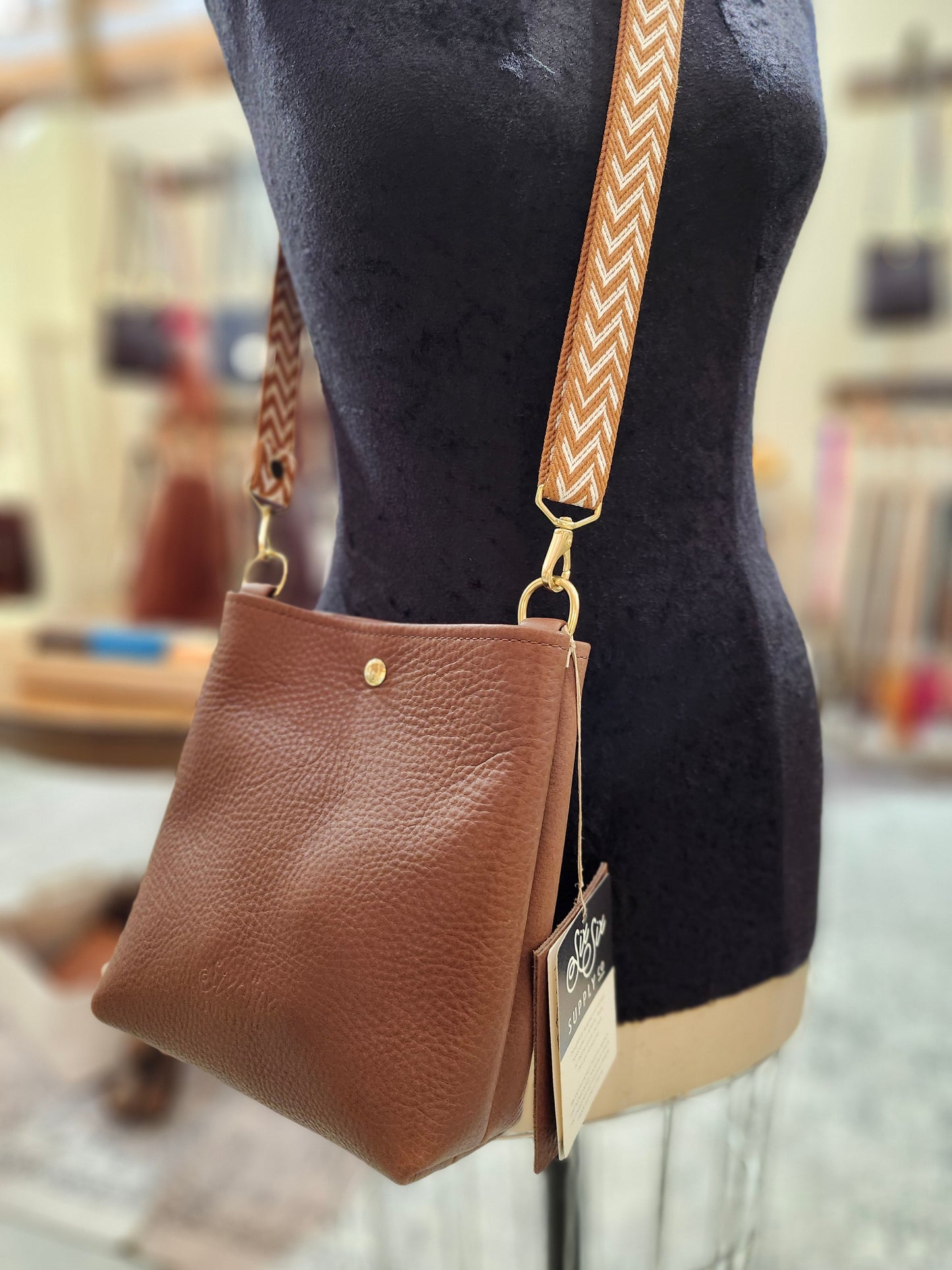 Jackie Lee 8" Crossbody - Walnut w/Brown Zig Zag Webbing Strap