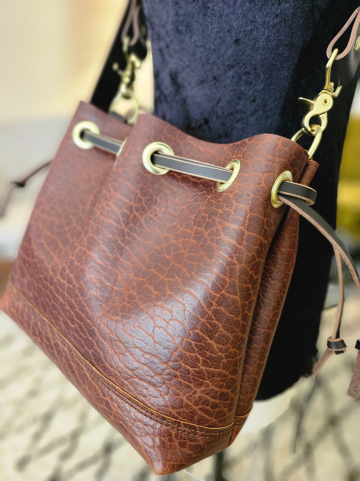 Susan Drawstring Bucket - BISON Cognac w/Adjustable Strap