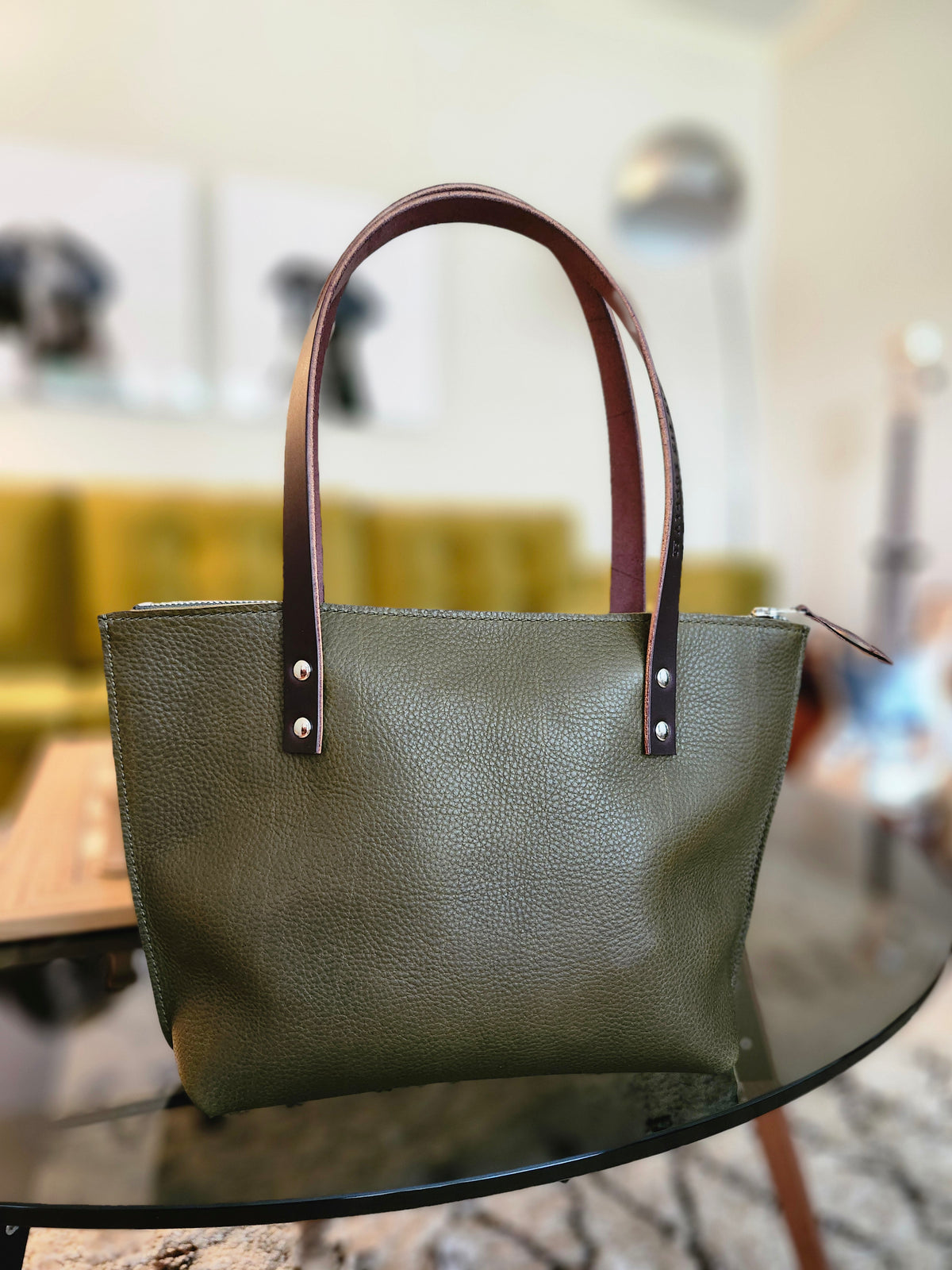 Katie 10" Modern Zippered Tote - Olive + 7.5" Drop Handle