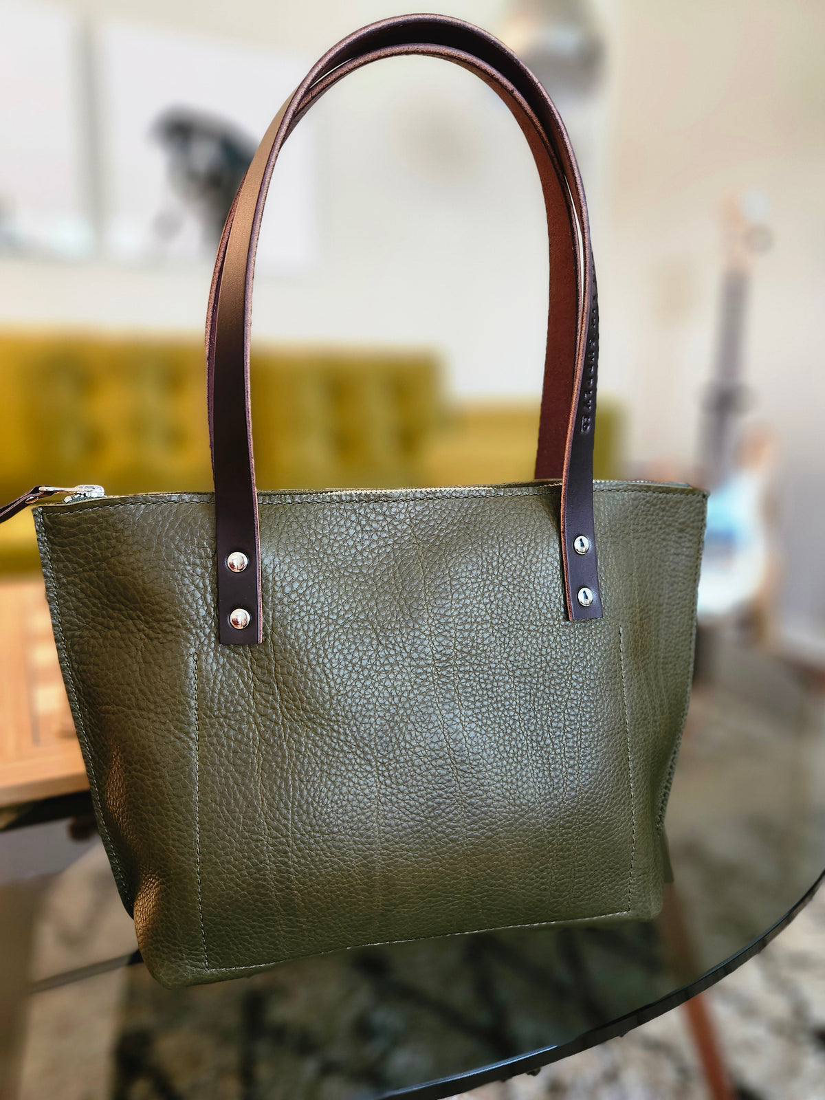 Katie 10" Modern Zippered Tote - Olive + 7.5" Drop Handle