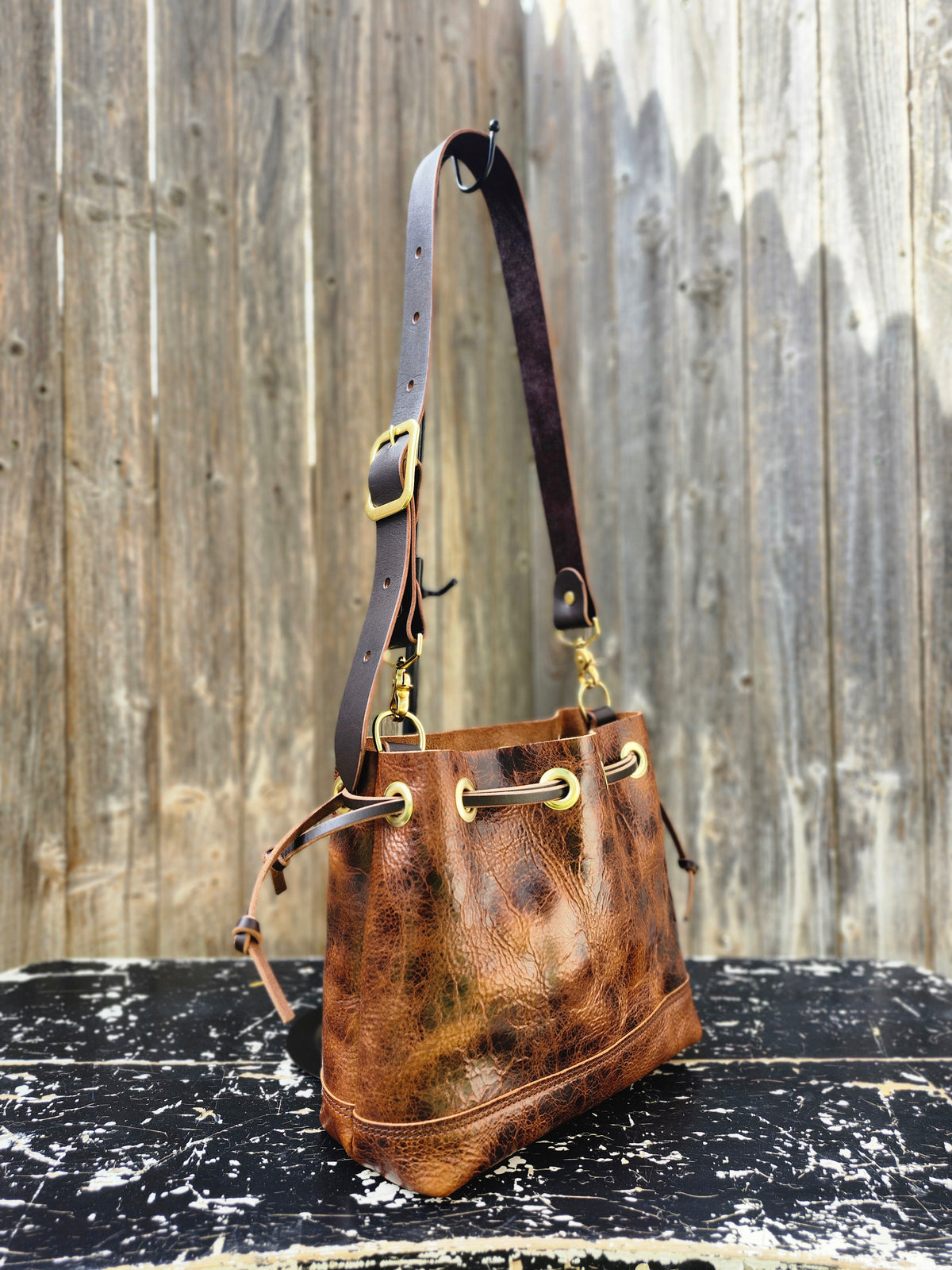 Susan Drawstring Bucket - Toffee BISON w/Adjustable Strap