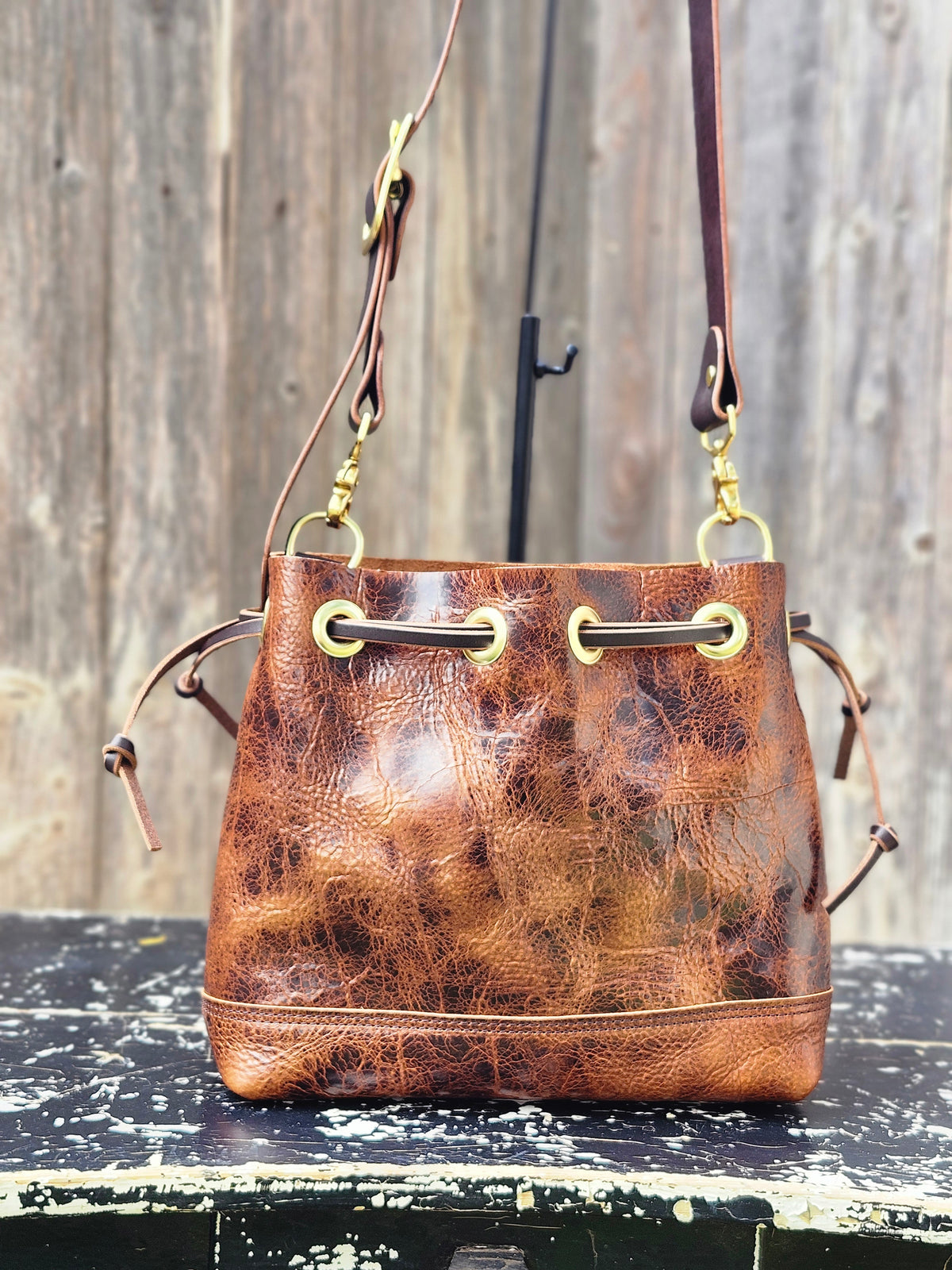 Susan Drawstring Bucket - Toffee BISON w/Adjustable Strap