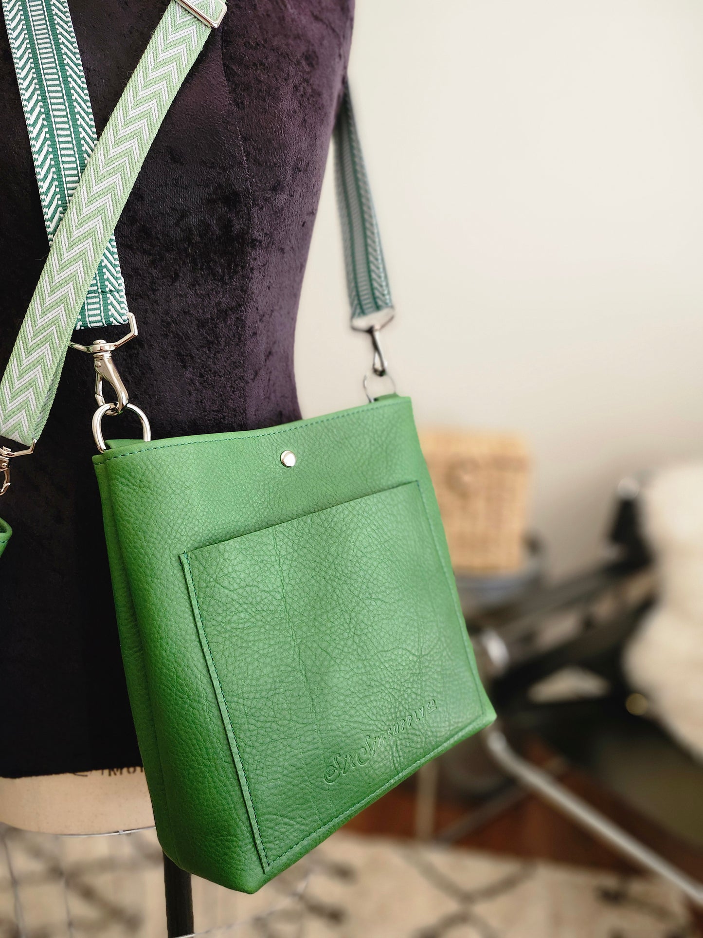 Jackie Lee 10" Crossbody - Jade w/Green & White Jacquard Webbing Strap